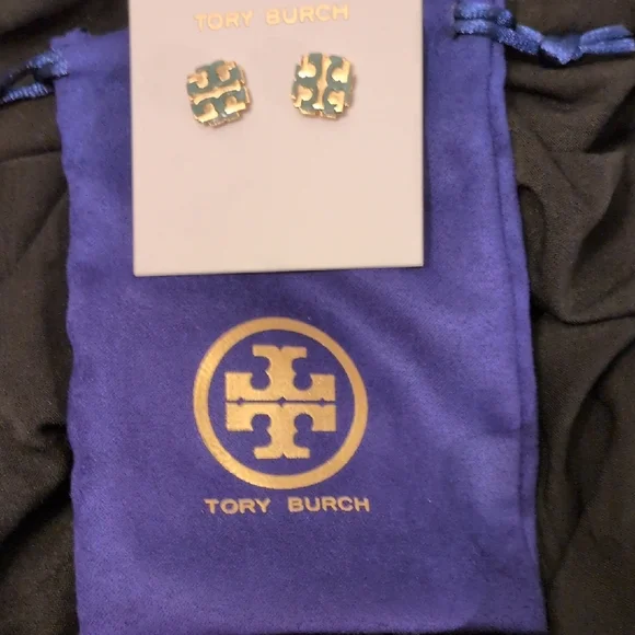 Tory Burch Gold and Mint Green Square Earrings